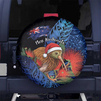 New Zealand Christmas Spare Tire Cover Santa Kiwi Bird With Pohutukawa Flowers DT05 No hole Navy - Polynesian Pride