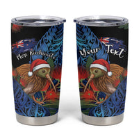 Personalised New Zealand Christmas Tumbler Cup Santa Kiwi Bird With Pohutukawa Flowers DT05 Navy - Polynesian Pride