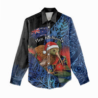 Personalised New Zealand Christmas Women Casual Shirt Santa Kiwi Bird With Pohutukawa Flowers DT05 - Polynesian Pride
