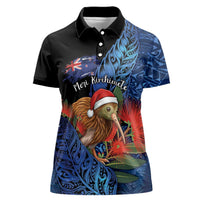 Personalised New Zealand Christmas Women Polo Shirt Santa Kiwi Bird With Pohutukawa Flowers DT05 Female Navy - Polynesian Pride