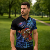 Personalised New Zealand Christmas Zipper Polo Shirt Santa Kiwi Bird With Pohutukawa Flowers DT05 - Polynesian Pride