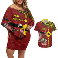 Rotuma Christmas Couples Matching Off Shoulder Short Dress and Hawaiian Shirt Rotuma Myzomela Birds With Hibiscus Flowers DT05 Red - Polynesian Pride