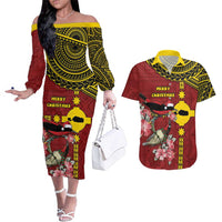 Rotuma Christmas Couples Matching Off The Shoulder Long Sleeve Dress and Hawaiian Shirt Rotuma Myzomela Birds With Hibiscus Flowers DT05 Red - Polynesian Pride