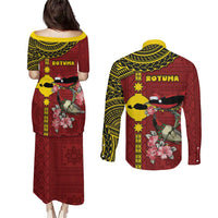 Rotuma Christmas Couples Matching Puletasi and Long Sleeve Button Shirt Rotuma Myzomela Birds With Hibiscus Flowers - Polynesian Pride