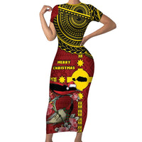 Rotuma Christmas Short Sleeve Bodycon Dress Rotuma Myzomela Birds With Hibiscus Flowers - Polynesian Pride