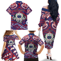 Personalised Samoa Gym Family Matching Off The Shoulder Long Sleeve Dress and Hawaiian Shirt Muscle Samoan Tribal Waves DT05 - Polynesian Pride