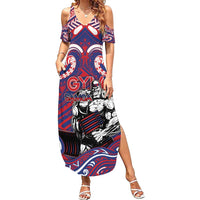 Personalised Samoa Gym Family Matching Summer Maxi Dress and Hawaiian Shirt Muscle Samoan Tribal Waves DT05 Mom's Dress Navy - Polynesian Pride