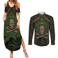 Personalised Hawaii Tiki Pirates Couples Matching Summer Maxi Dress and Long Sleeve Button Shirt Kakau Pattern Polynesian Style
