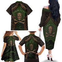Personalised Hawaii Tiki Pirates Family Matching Off The Shoulder Long Sleeve Dress and Hawaiian Shirt Kakau Pattern Polynesian Style DT05 - Polynesian Pride