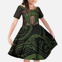 Personalised Hawaii Tiki Pirates Family Matching Short Sleeve Bodycon Dress and Hawaiian Shirt Kakau Pattern Polynesian Style DT05 Daughter's Dress Green - Polynesian Pride