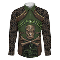 Personalised Hawaii Tiki Pirates Family Matching Short Sleeve Bodycon Dress and Hawaiian Shirt Kakau Pattern Polynesian Style DT05 Dad's Shirt - Long Sleeve Green - Polynesian Pride