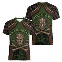 Personalised Hawaii Tiki Pirates Women V-Neck T-Shirt Kakau Pattern Polynesian Style