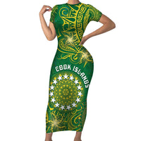Personalised Cook Islands Family Matching Short Sleeve Bodycon Dress and Hawaiian Shirt Hibiscus Polynesian Tribal Pattern DT05 Mom's Dress Green - Polynesian Pride