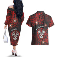 Personalised Easter Island Couples Matching Off The Shoulder Long Sleeve Dress and Hawaiian Shirt Hibiscus Polynesian Tribal Pattern