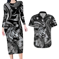 Personalised Maori Romantic Valentine Couples Matching Long Sleeve Bodycon Dress and Hawaiian Shirt The Hongi Kiss Black Galaxy DT05 Black - Polynesian Pride