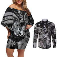 Personalised Maori Romantic Valentine Couples Matching Off Shoulder Short Dress and Long Sleeve Button Shirt The Hongi Kiss Black Galaxy