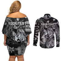 Personalised Maori Romantic Valentine Couples Matching Off Shoulder Short Dress and Long Sleeve Button Shirt The Hongi Kiss Black Galaxy