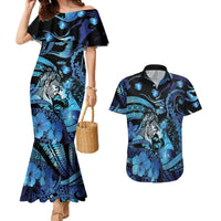 Personalised Maori Romantic Valentine Couples Matching Mermaid Dress and Hawaiian Shirt The Hongi Kiss Blue Galaxy DT05 Blue - Polynesian Pride