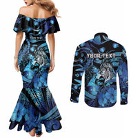 Personalised Maori Romantic Valentine Couples Matching Mermaid Dress and Long Sleeve Button Shirt The Hongi Kiss Blue Galaxy DT05 - Polynesian Pride
