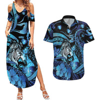 Personalised Maori Romantic Valentine Couples Matching Summer Maxi Dress and Hawaiian Shirt The Hongi Kiss Blue Galaxy DT05 Blue - Polynesian Pride