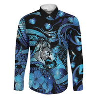 Personalised Maori Romantic Valentine Family Matching Off Shoulder Short Dress and Hawaiian Shirt The Hongi Kiss Blue Galaxy DT05 Dad's Shirt - Long Sleeve Blue - Polynesian Pride