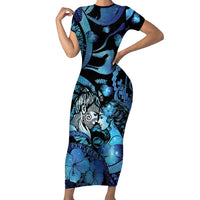 Personalised Maori Romantic Valentine Family Matching Short Sleeve Bodycon Dress and Hawaiian Shirt The Hongi Kiss Blue Galaxy DT05 Mom's Dress Blue - Polynesian Pride