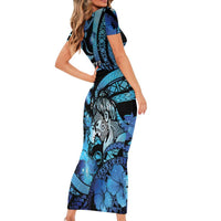 Personalised Maori Romantic Valentine Family Matching Short Sleeve Bodycon Dress and Hawaiian Shirt The Hongi Kiss Blue Galaxy DT05 - Polynesian Pride