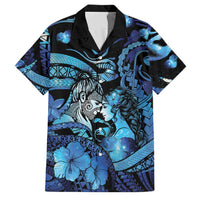 Personalised Maori Romantic Valentine Family Matching Tank Maxi Dress and Hawaiian Shirt The Hongi Kiss Blue Galaxy DT05 Dad's Shirt - Short Sleeve Blue - Polynesian Pride