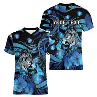 Personalised Maori Romantic Valentine Women V-Neck T-Shirt The Hongi Kiss Blue Galaxy