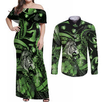 Personalised Maori Romantic Valentine Couples Matching Off Shoulder Maxi Dress and Long Sleeve Button Shirt The Hongi Kiss Green Galaxy DT05 Green - Polynesian Pride