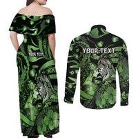 Personalised Maori Romantic Valentine Couples Matching Off Shoulder Maxi Dress and Long Sleeve Button Shirt The Hongi Kiss Green Galaxy DT05 - Polynesian Pride