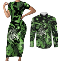 Personalised Maori Romantic Valentine Couples Matching Short Sleeve Bodycon Dress and Long Sleeve Button Shirt The Hongi Kiss Green Galaxy DT05 Green - Polynesian Pride