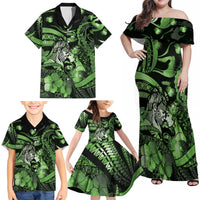 Personalised Maori Romantic Valentine Family Matching Off Shoulder Maxi Dress and Hawaiian Shirt The Hongi Kiss Green Galaxy DT05 - Polynesian Pride