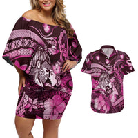 Personalised Maori Romantic Valentine Couples Matching Off Shoulder Short Dress and Hawaiian Shirt The Hongi Kiss Pink Galaxy DT05 Pink - Polynesian Pride