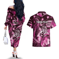 Personalised Maori Romantic Valentine Couples Matching Off The Shoulder Long Sleeve Dress and Hawaiian Shirt The Hongi Kiss Pink Galaxy DT05 - Polynesian Pride