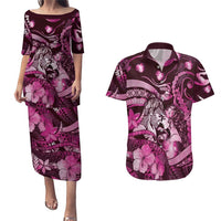Personalised Maori Romantic Valentine Couples Matching Puletasi and Hawaiian Shirt The Hongi Kiss Pink Galaxy DT05 Pink - Polynesian Pride