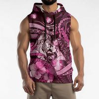 Personalised Maori Romantic Valentine Sleeveless Hoodie The Hongi Kiss Pink Galaxy