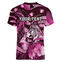 Personalised Maori Romantic Valentine Women V-Neck T-Shirt The Hongi Kiss Pink Galaxy DT05 - Polynesian Pride