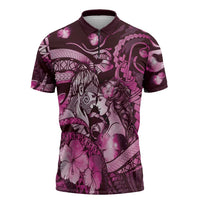 Personalised Maori Romantic Valentine Zipper Polo Shirt The Hongi Kiss Pink Galaxy