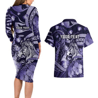 Personalised Maori Romantic Valentine Couples Matching Long Sleeve Bodycon Dress and Hawaiian Shirt The Hongi Kiss Purple Galaxy DT05 - Polynesian Pride
