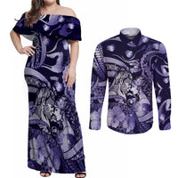 Personalised Maori Romantic Valentine Couples Matching Off Shoulder Maxi Dress and Long Sleeve Button Shirt The Hongi Kiss Purple Galaxy DT05 Purple - Polynesian Pride