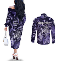 Personalised Maori Romantic Valentine Couples Matching Off The Shoulder Long Sleeve Dress and Long Sleeve Button Shirt The Hongi Kiss Purple Galaxy DT05 - Polynesian Pride