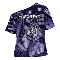 Personalised Maori Romantic Valentine Cross Shoulder Shirt The Hongi Kiss Purple Galaxy