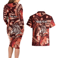 Personalised Maori Romantic Valentine Couples Matching Long Sleeve Bodycon Dress and Hawaiian Shirt The Hongi Kiss Red Galaxy DT05 - Polynesian Pride