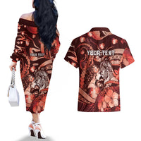 Personalised Maori Romantic Valentine Couples Matching Off The Shoulder Long Sleeve Dress and Hawaiian Shirt The Hongi Kiss Red Galaxy DT05 - Polynesian Pride