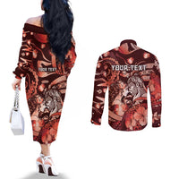 Personalised Maori Romantic Valentine Couples Matching Off The Shoulder Long Sleeve Dress and Long Sleeve Button Shirt The Hongi Kiss Red Galaxy DT05 - Polynesian Pride