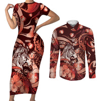 Personalised Maori Romantic Valentine Couples Matching Short Sleeve Bodycon Dress and Long Sleeve Button Shirt The Hongi Kiss Red Galaxy DT05 Red - Polynesian Pride