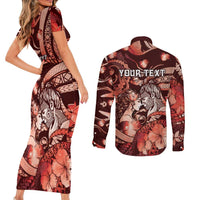 Personalised Maori Romantic Valentine Couples Matching Short Sleeve Bodycon Dress and Long Sleeve Button Shirt The Hongi Kiss Red Galaxy DT05 - Polynesian Pride