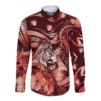 Personalised Maori Romantic Valentine Long Sleeve Button Shirt The Hongi Kiss Red Galaxy