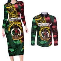 Personalised Vanuatu Independence Day Couples Matching Long Sleeve Bodycon Dress and Long Sleeve Button Shirt Boar Tusk Warrior Tribal Floral Patterns